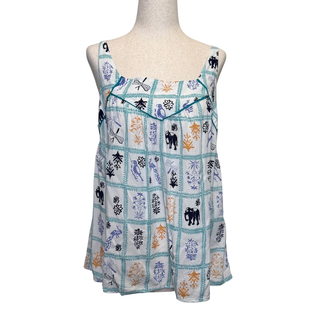 Maeve Womens Tank Top Medium White Elephant Peacock Print Boho Cutout Back